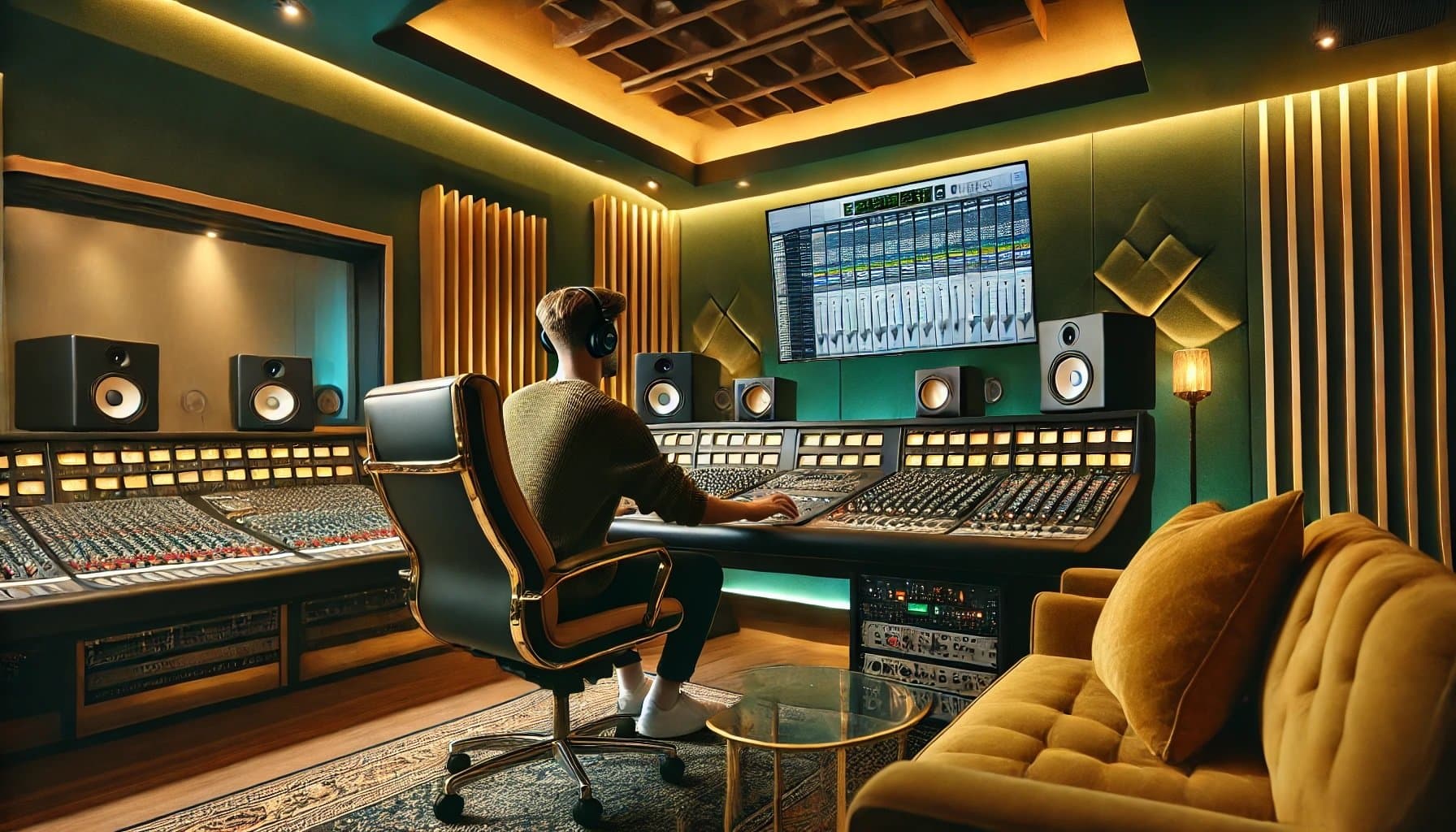 A person wearing headphones sits at a mixing console in a modern recording studio, with audio equipment and a large screen displaying sound editing software.