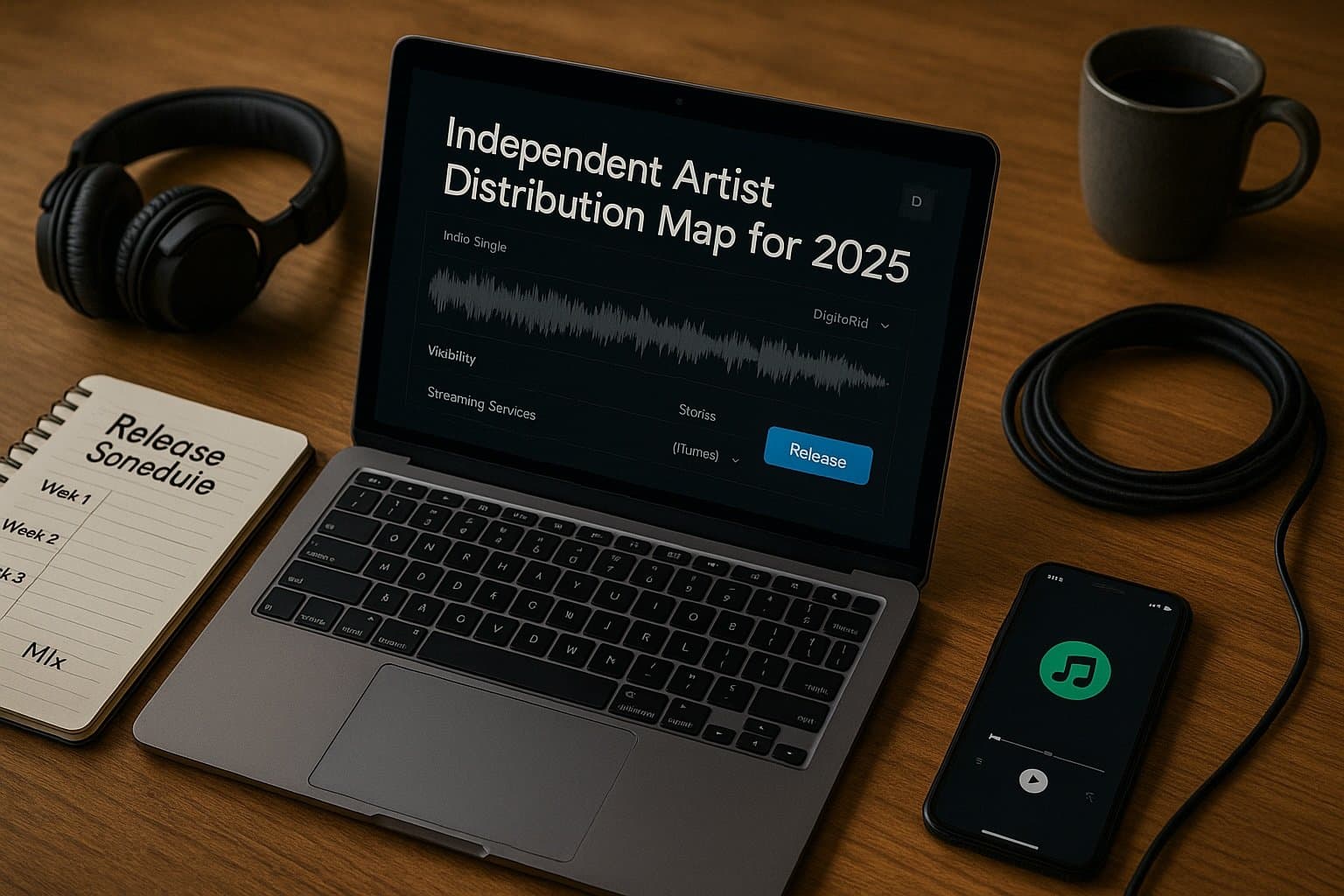 Laptop showing independent artist music distribution dashboard with headphones and smartphone at Clear Lake Recording Studios, Los Angeles.